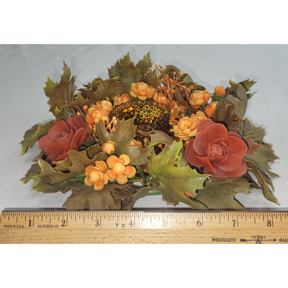 Autumn Floral Candle Ring Fall Decor Orange Brown Amber Holder Vtg Grannycore - Picture 8 of 12